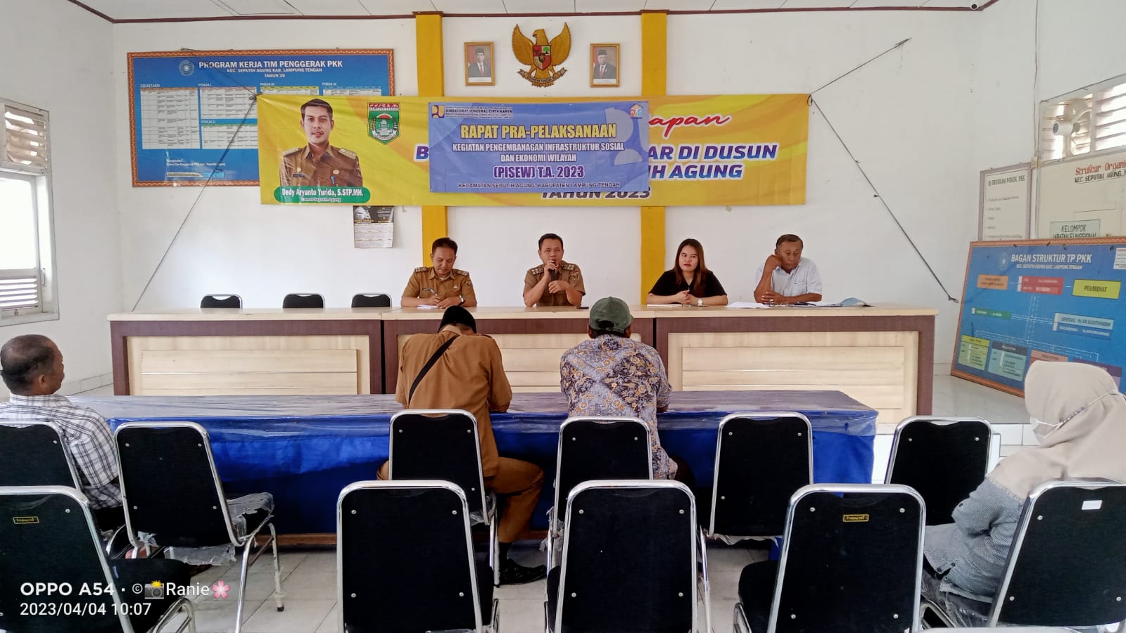 Rapat Pra-Pelaksanaan Kegiatan Pengembangan Infrastruktur Sosial dan Ekonomi Wilayah (Pisew) Tahun 2023 di Aula Kecamatan Seputih Agung (SElasa, 04 April 2023)